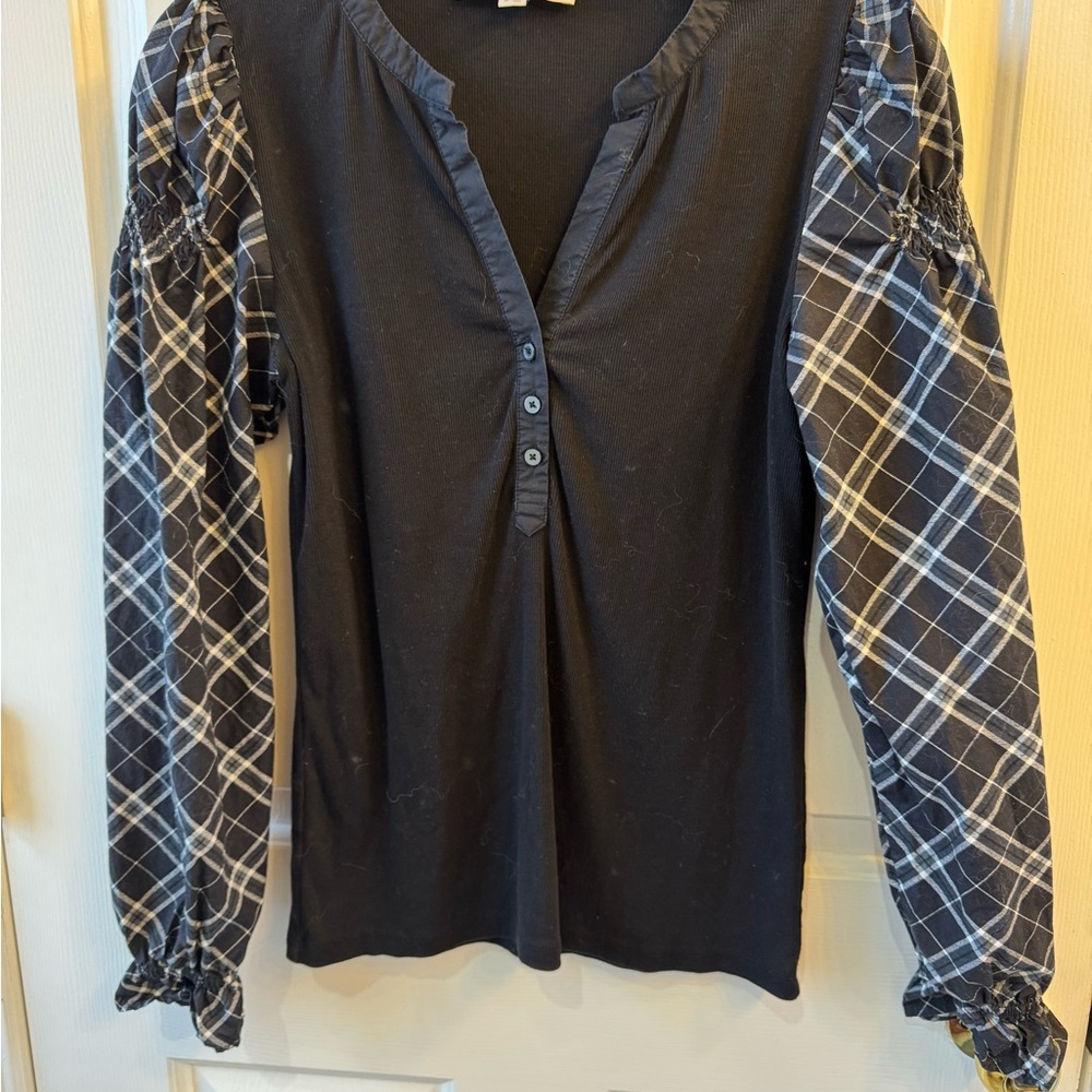 LOFT Women’s Size M Mixed Media Blouse Black Plaid Puff Sleeve Henley Preppy